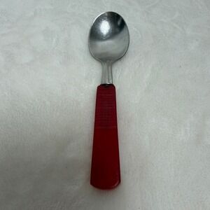 Vintage Red Plastic Handle Baby Spoon ? Ribbed MCM 5 Inch